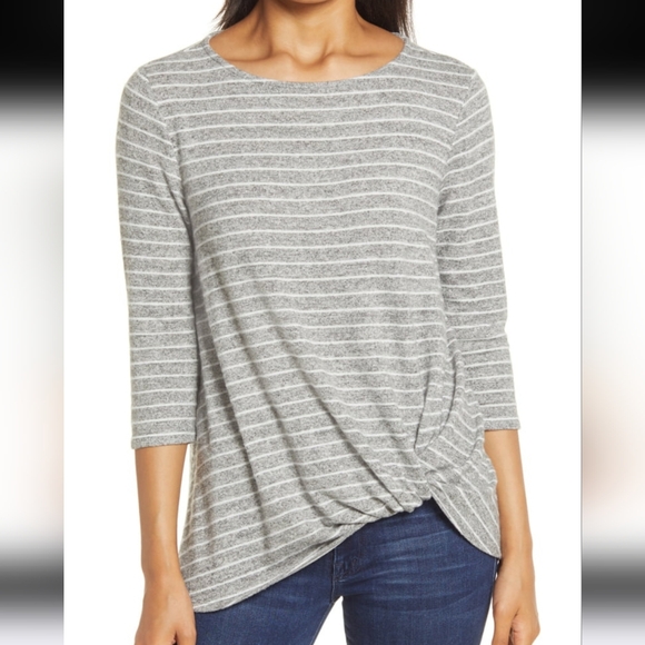 Gibson Twist Front Knot Gray Stripe 3/4 Sleeve Crew Neck Tunic Top Blouse - Picture 1 of 14